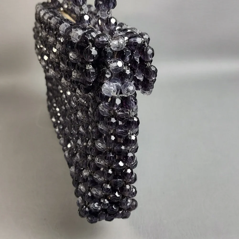 Vintage Crystal Beaded Purse Fauceted Beads Smoke Gray Hong Kong 60s Handmade